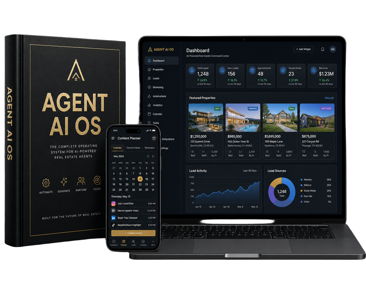 Mockup di AGENT AI OS™: ebook, dashboard AI immobiliare su laptop e content planner su smartphone